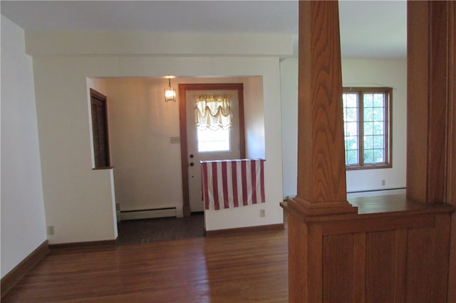 foyer featuring dark hardwood / wood-style floors and baseboard heating