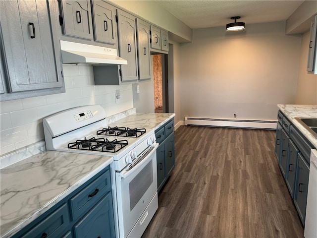 kitchen featuring decorative backsplash, dark hardwood / wood-style floors, a baseboard heating unit, and white gas range oven