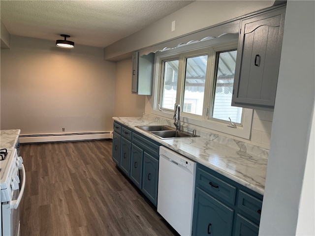 kitchen featuring a textured ceiling, white appliances, sink, a baseboard radiator, and dark hardwood / wood-style floors