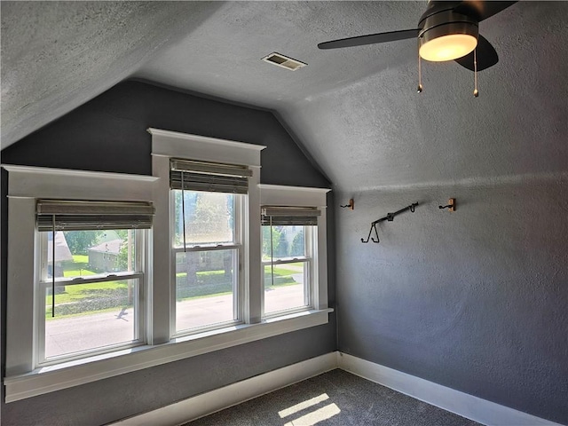 301 S Meridian St, Toledo, IL 62468 - additional living space featuring vaulted ceiling, a textured ceiling, ceiling fan, and carpet