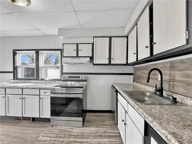 kitchen with stainless steel appliances, backsplash, a sink, a drop ceiling, and under cabinet range hood