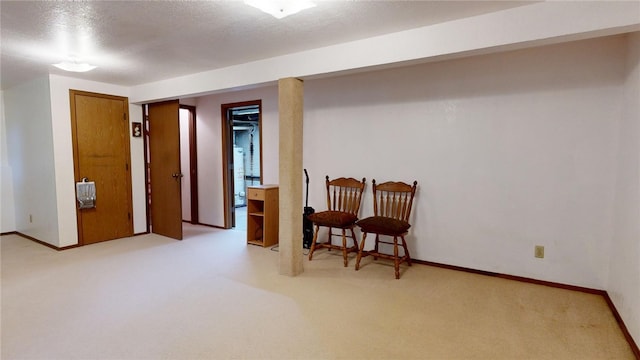 living area with a textured ceiling and light colored carpet