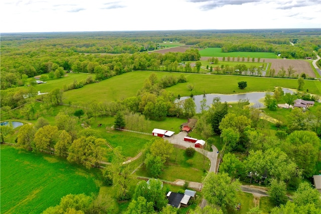 bird's eye view featuring a rural view and a water view