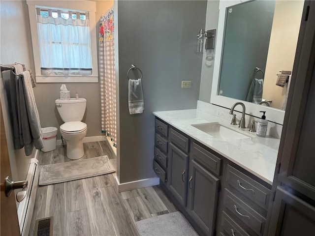27288 State Highway 16, Ashmore, IL 61912 - bathroom with vanity, wood finished floors, baseboard heating, and a shower with curtain