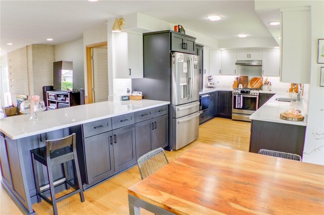 400 Country Club Rd, Mattoon, IL 61938 - kitchen featuring stainless steel appliances, a peninsula, light wood finished floors, under cabinet range hood, and recessed lighting