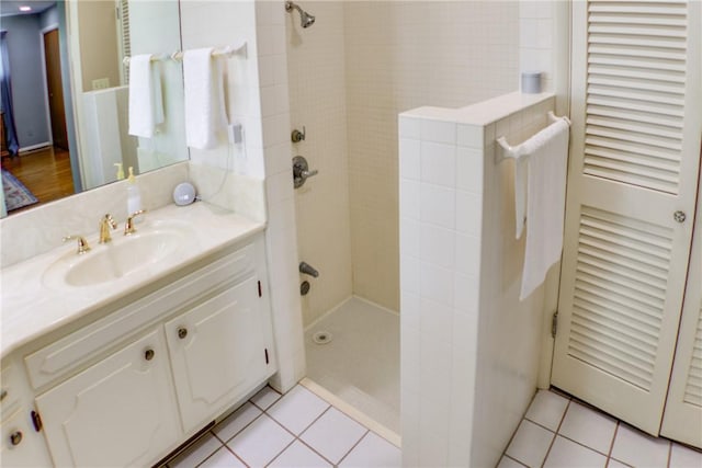400 Country Club Rd, Mattoon, IL 61938 - bathroom with a walk in shower, vanity, and tile patterned floors