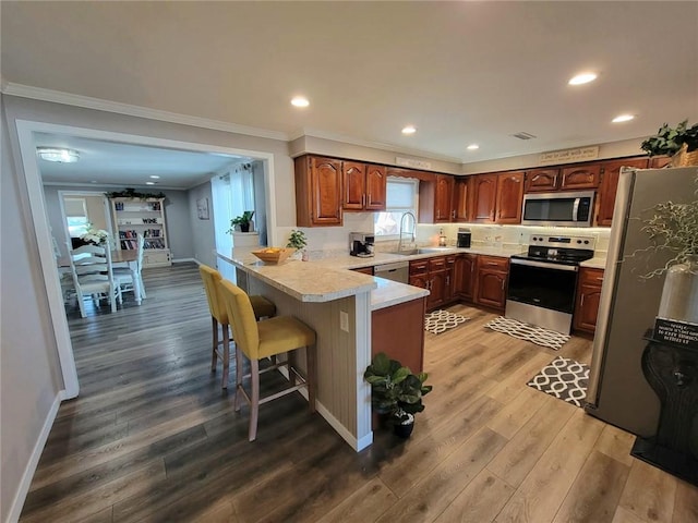 kitchen with wood finished floors, a peninsula, appliances with stainless steel finishes, and a sink