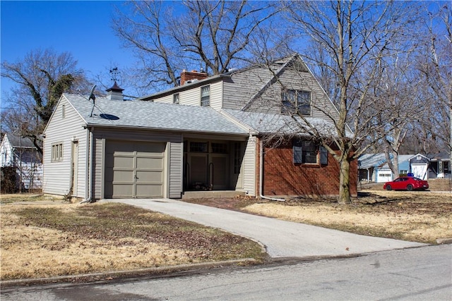 view of front of house with an attached garage, brick siding, driveway, roof with shingles, and a chimney