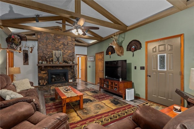 18058 E 1545th Ave, Teutopolis, IL 62467 - living room featuring a ceiling fan, a fireplace, and wood finished floors