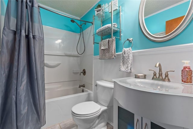 18058 E 1545th Ave, Teutopolis, IL 62467 - bathroom with a textured ceiling, shower / bathtub combination with curtain, vanity, and tile patterned floors