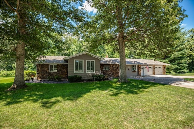18058 E 1545th Ave, Teutopolis, IL 62467 - view of front of property with an attached garage, driveway, stone siding, and a front lawn
