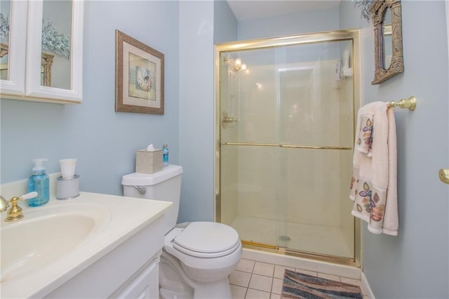 bathroom featuring tile patterned flooring, a shower stall, toilet, and vanity