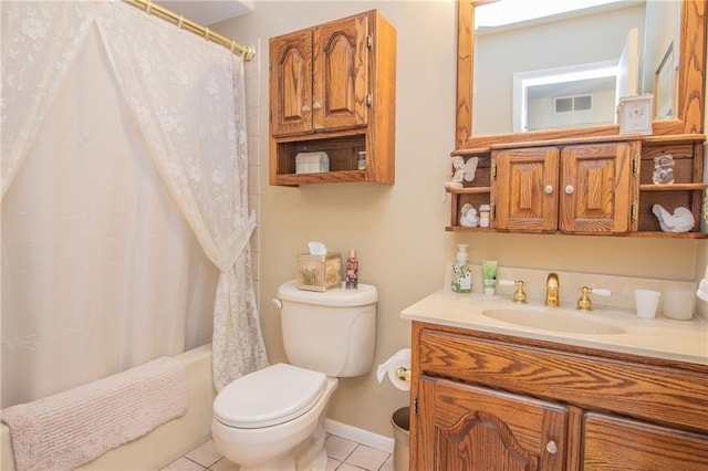 bathroom with visible vents, toilet, shower / tub combo, tile patterned floors, and vanity