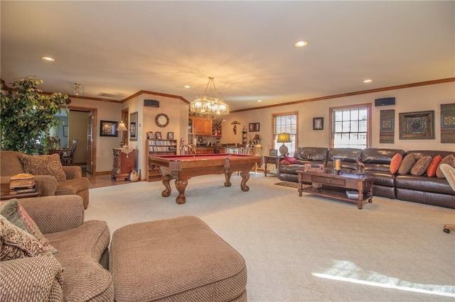 living room with recessed lighting, billiards, and carpet floors