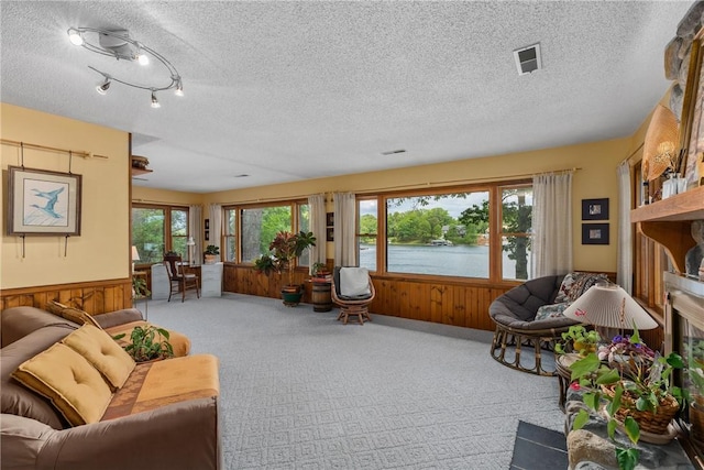 14915 N 8th Ave, Effingham, IL 62401 - carpeted living room featuring a textured ceiling, a water view, wainscoting, a fireplace, and wood walls