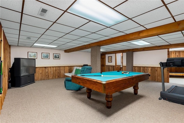 14915 N 8th Ave, Effingham, IL 62401 - recreation room featuring carpet, a drop ceiling, wood walls, billiards, and wainscoting