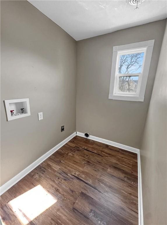 laundry room with laundry area, baseboards, washer hookup, and dark wood-style flooring