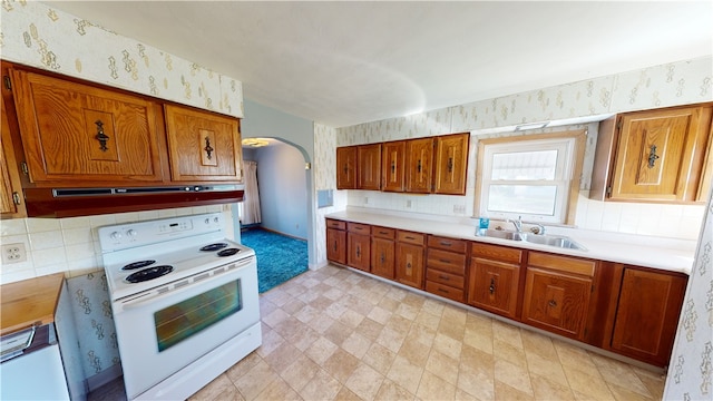 kitchen featuring decorative backsplash, sink, and electric stove