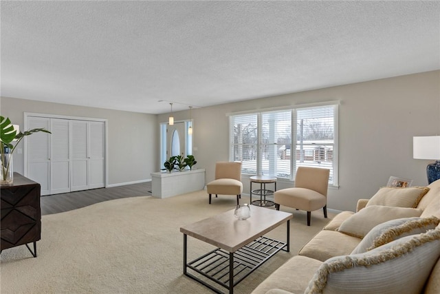 carpeted living room with a textured ceiling and baseboards