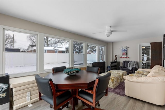 dining area featuring light wood-type flooring and ceiling fan