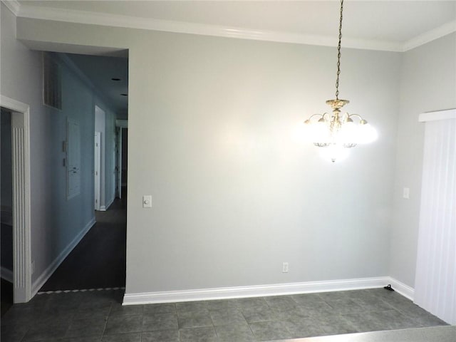 37626 Hunnington Ridge Rd, Hoopeston, IL 60942 - unfurnished dining area featuring a chandelier, crown molding, and dark tile patterned floors