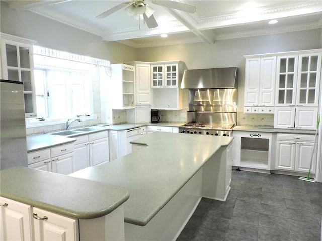 37626 Hunnington Ridge Rd, Hoopeston, IL 60942 - kitchen featuring exhaust hood, white cabinets, decorative backsplash, crown molding, and recessed lighting