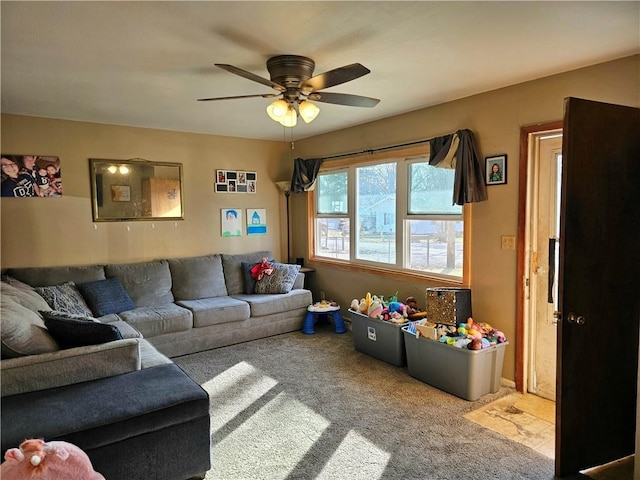 living room with light carpet and ceiling fan