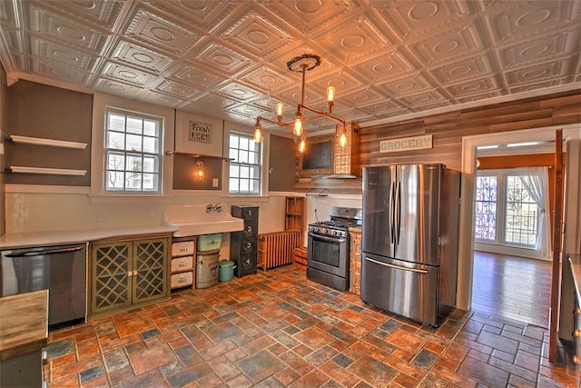 kitchen with stainless steel appliances, an ornate ceiling, plenty of natural light, and decorative light fixtures