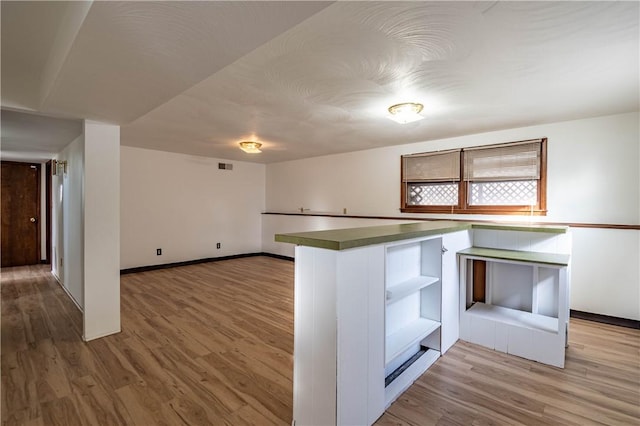 kitchen featuring wood-type flooring, kitchen peninsula, and white cabinets