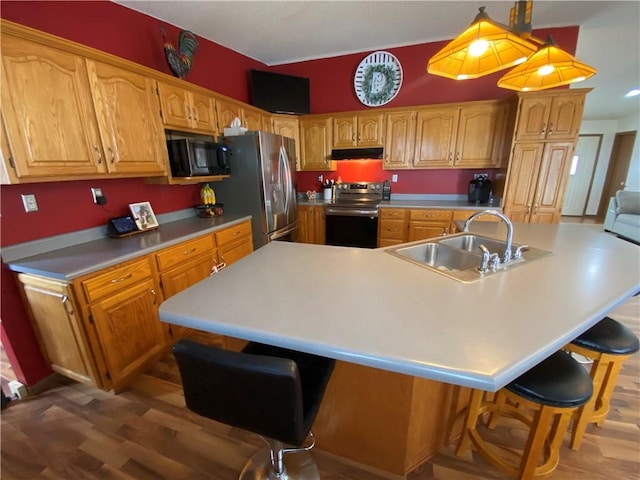 kitchen with under cabinet range hood, wood finished floors, a sink, a kitchen breakfast bar, and appliances with stainless steel finishes