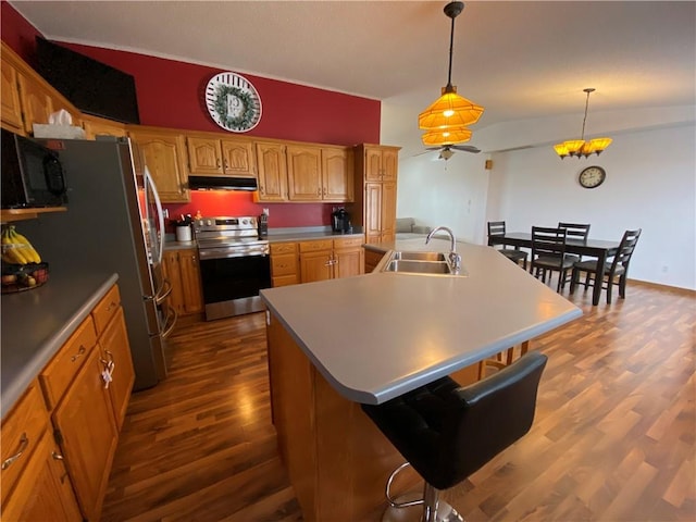 kitchen featuring dark wood-style floors, a center island with sink, stainless steel appliances, a sink, and under cabinet range hood