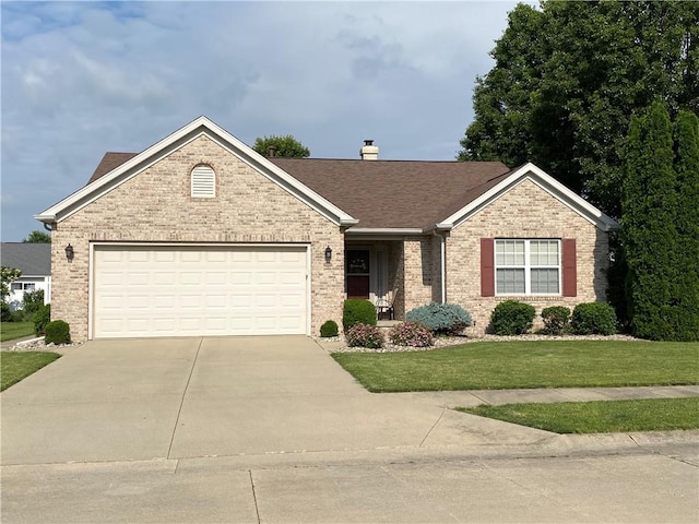 15 Fairfield Ln, Charleston, IL 61920 - ranch-style home featuring a front yard, driveway, brick siding, a garage, and a shingled roof