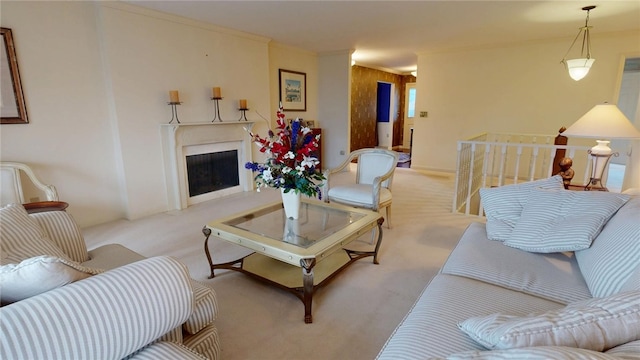 living room with light colored carpet and ornamental molding