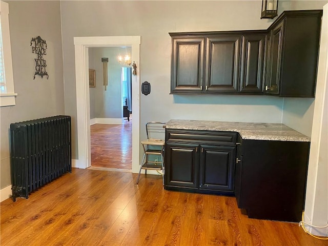 401 E Fourth St, Pana, IL 62557 - kitchen with radiator, wood finished floors, light countertops, and baseboards