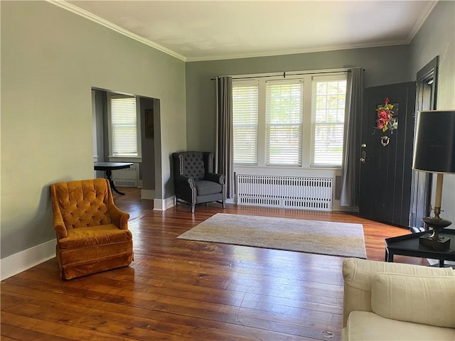 401 E Fourth St, Pana, IL 62557 - living area featuring radiator heating unit, wood-type flooring, ornamental molding, and baseboards