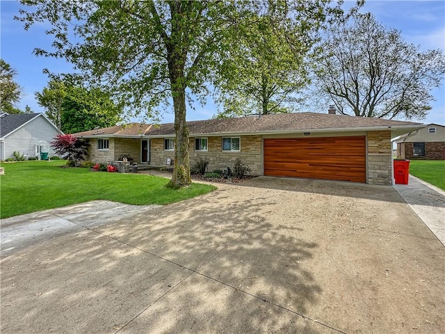 ranch-style house with stone siding, driveway, a garage, and a front lawn