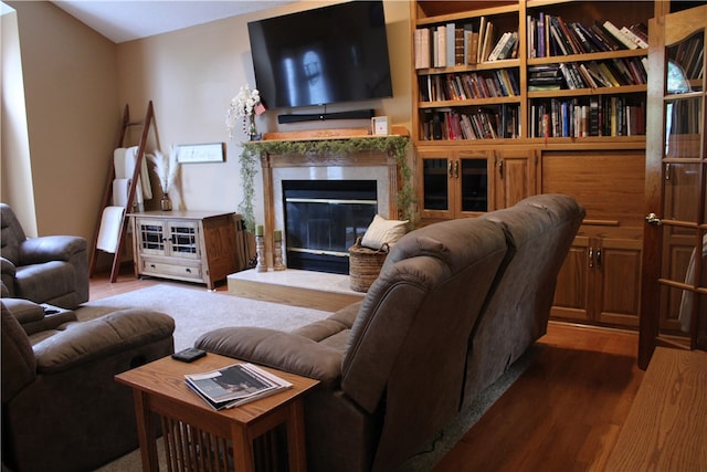 living room featuring dark hardwood / wood-style flooring and a high end fireplace