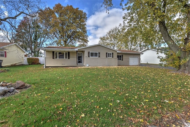 ranch-style home with a front yard and a garage