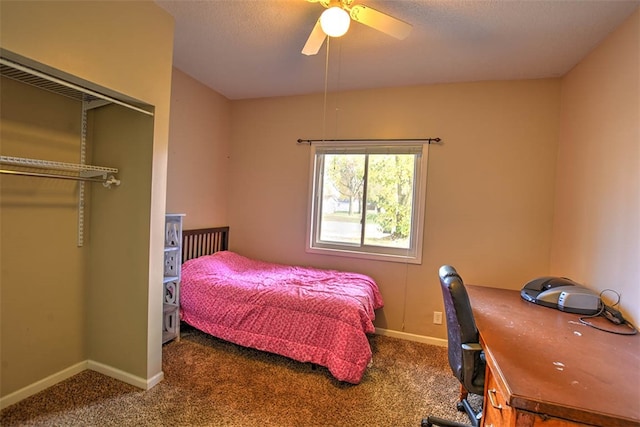 bedroom with ceiling fan, a closet, and carpet floors