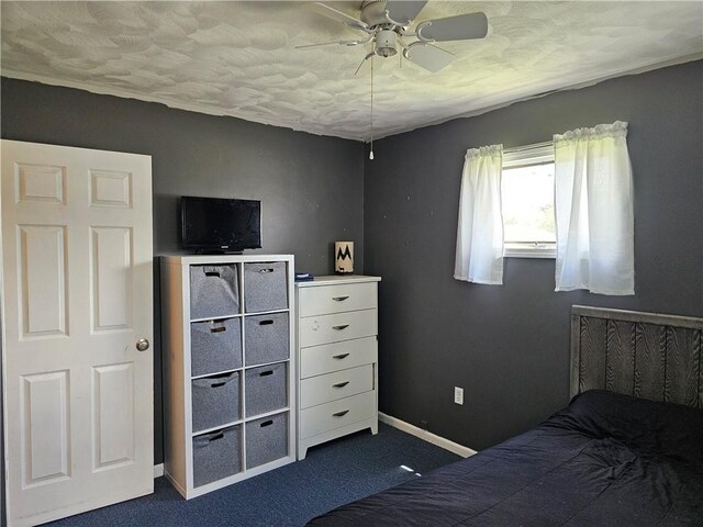 201 N Indiana St, Toledo, IL 62468 - bedroom featuring dark colored carpet, baseboards, and ceiling fan