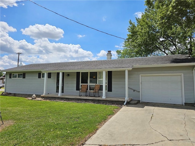 201 N Indiana St, Toledo, IL 62468 - ranch-style home with a porch, a garage, a front lawn, driveway, and a chimney