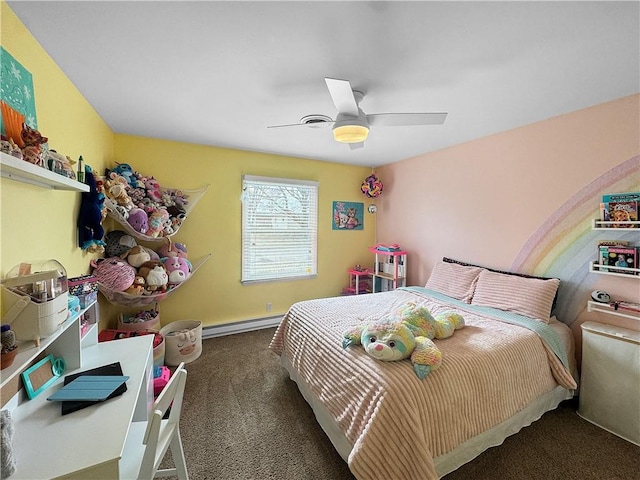 carpeted bedroom with a baseboard radiator and a ceiling fan