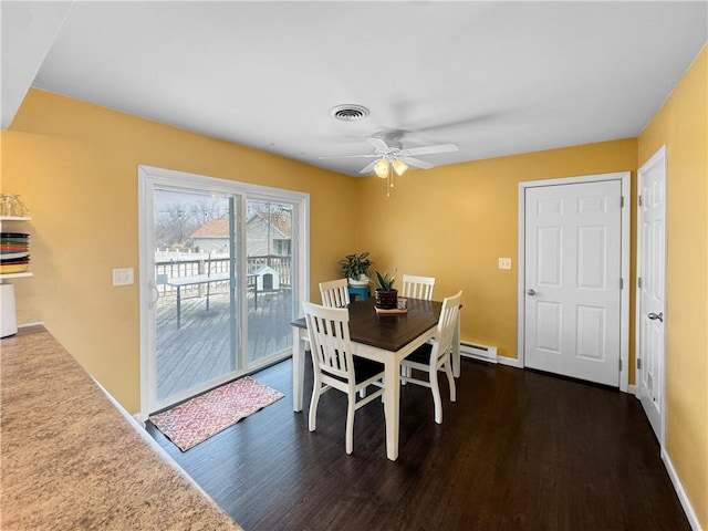 dining space featuring dark wood-style flooring, baseboard heating, visible vents, and baseboards