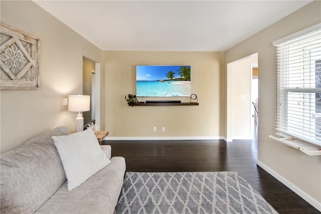 living area featuring baseboards and wood finished floors