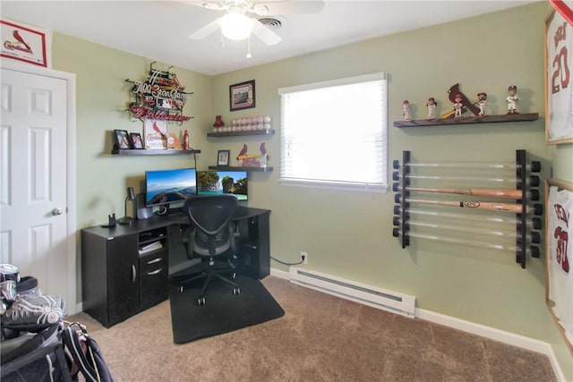 office with carpet, ceiling fan, a baseboard radiator, and baseboards