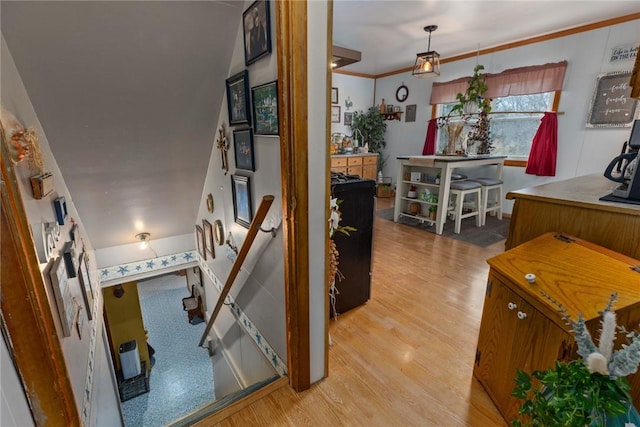 interior space with ornamental molding and light hardwood / wood-style floors