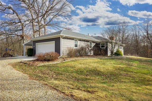 single story home with a garage and a front yard