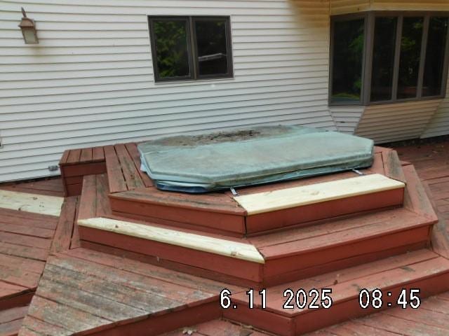 6680 John Dr, Mt Zion, IL 62549 - wooden deck featuring a covered hot tub