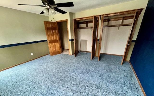 6680 John Dr, Mt Zion, IL 62549 - unfurnished bedroom featuring two closets, carpet flooring, and a ceiling fan