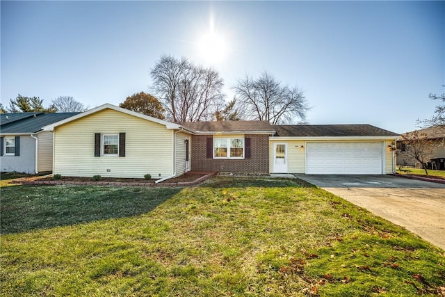 single story home with a front yard and a garage